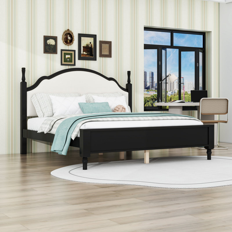Lit plateforme en bois avec tête de lit tapissier courbée et pieds centraux, Beige Black, King