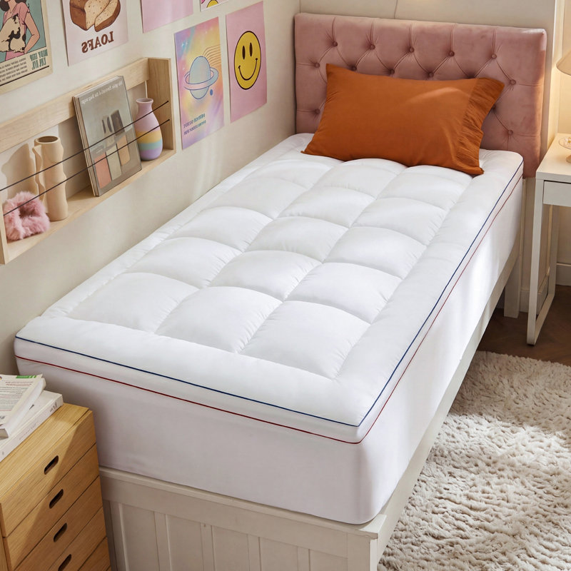 Bedsure Pillow Top Mattress Topper for Dorm & College, Cooling Breathable Mattress Pad with Deep Pocket, Queen, White