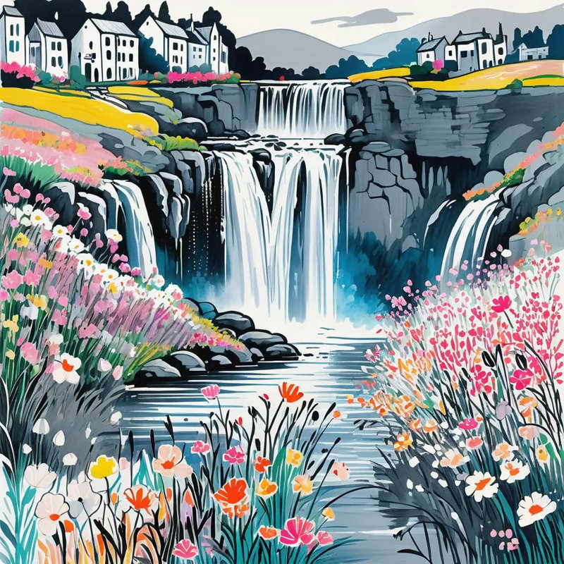 Charmant village cascade avec fleurs sauvages sur toile tendue, H 12 po x l 12 po x P 1 po