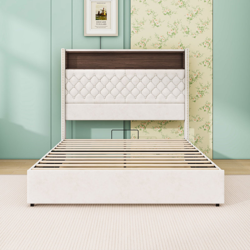 Lit plateforme en velours avec tête de lit capitonnée en cristal, ports USB et veilleuse, Beige, Double