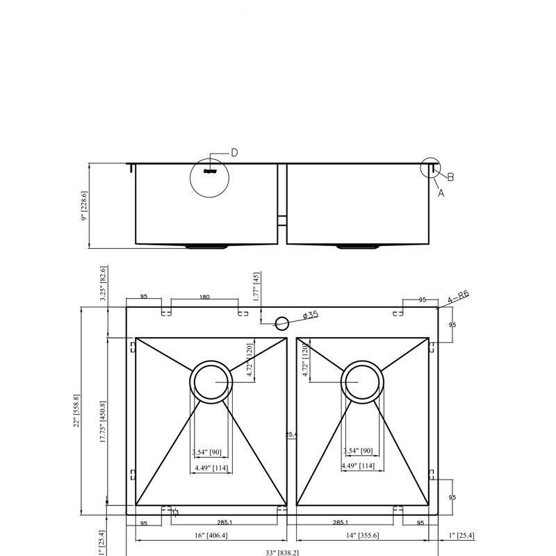 Évier de cuisine à double cuve en acier inoxydable de calibre 18 noir 33 po x 22 po
