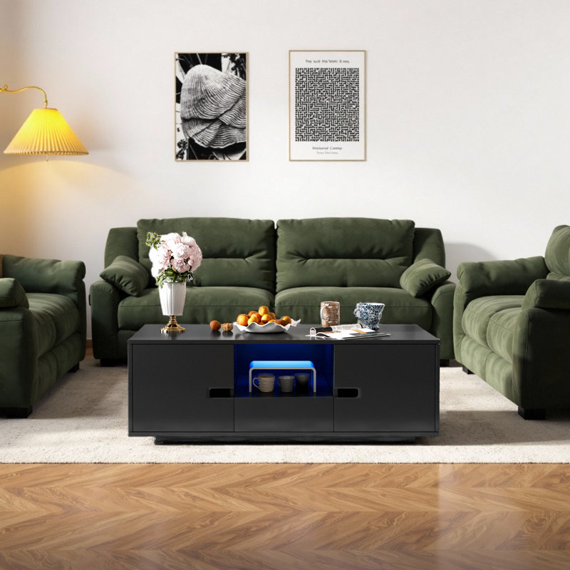 Table basse moderne ultrabrillante moderne avec lumières DEL et rangement, Noir
