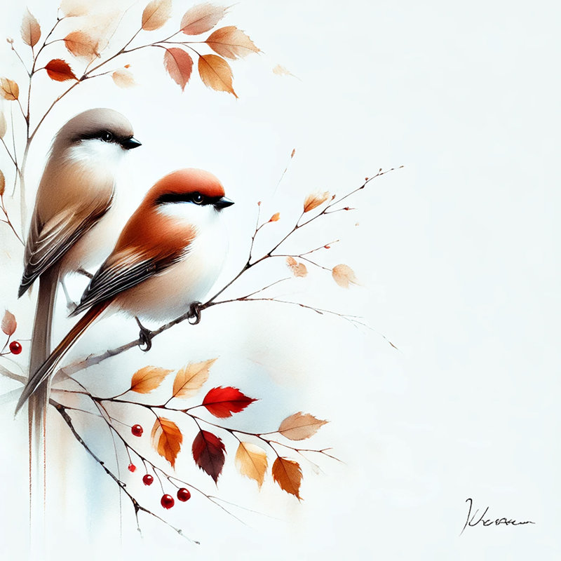 "Deux oiseaux avec feuilles d'automne", art mural sur toile, H 12 po x l 12 po x P 1 po