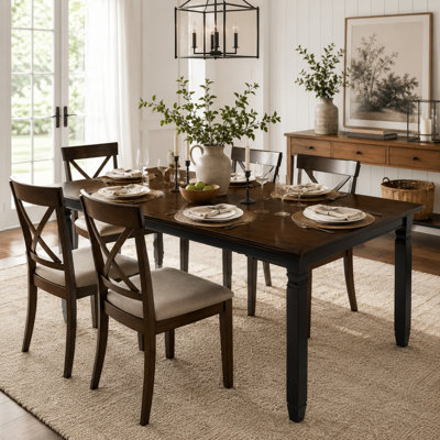 Table de salle à manger extensible Vonnie 59"-77" pour 4 à 6 personnes, table de cuisine rectangulaire en placage de chêne avec pieds en hévéa massif, style ferme moderne