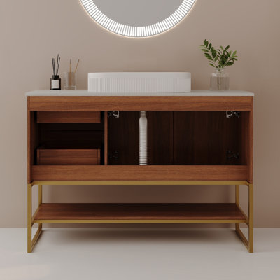 Meuble-lavabo moderne de 36 po avec lavabo vasque en céramique, armoire d'appoint dorée