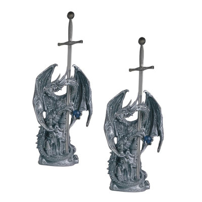 "2-PC Set" ICE ARMOR 12"H Medieval Silver Dragon Standing on Castle with Sword Guardian Figurine Figurine Statue Ornament Home/Room Decor and Perfect Gift Ideas for House Warming, Holidays and Birthdays Great Collectible Addition