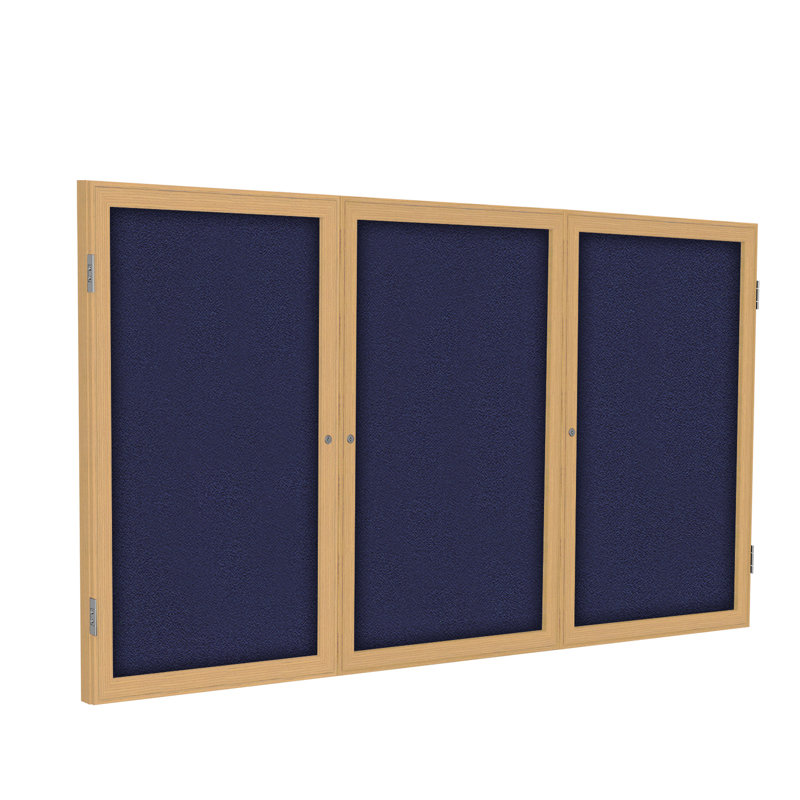 Babillards fermés en tissu à 3 portes avec cadre en bois Ghent, Bleu, H 3 pi x l 6 pi, Chêne