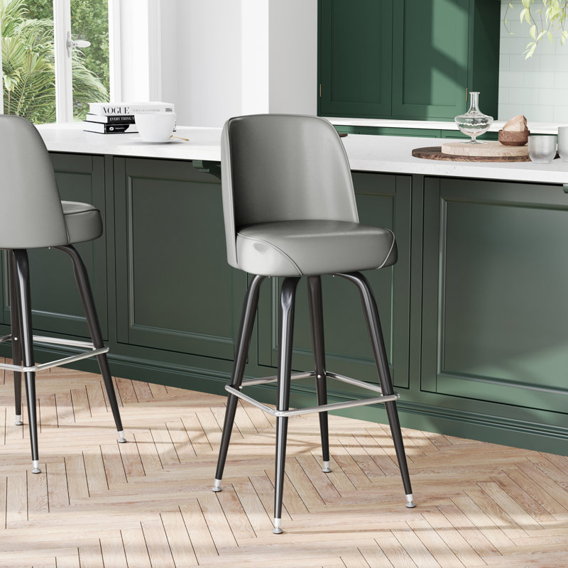 Gray Vinyl Upholstered Swivel Metal Barstool with Footrest