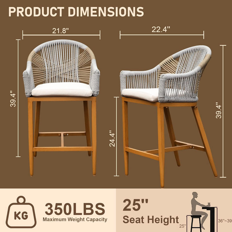 Of 2 Outdoor Bar Chairs With Arm And Back Support, Cushioned Counter Height Stools, Aluminum Rope Temptation For Garden, Pool, Patio, Kitchen - Khaki Stools Cushion Included, Frame In Patio Beauty