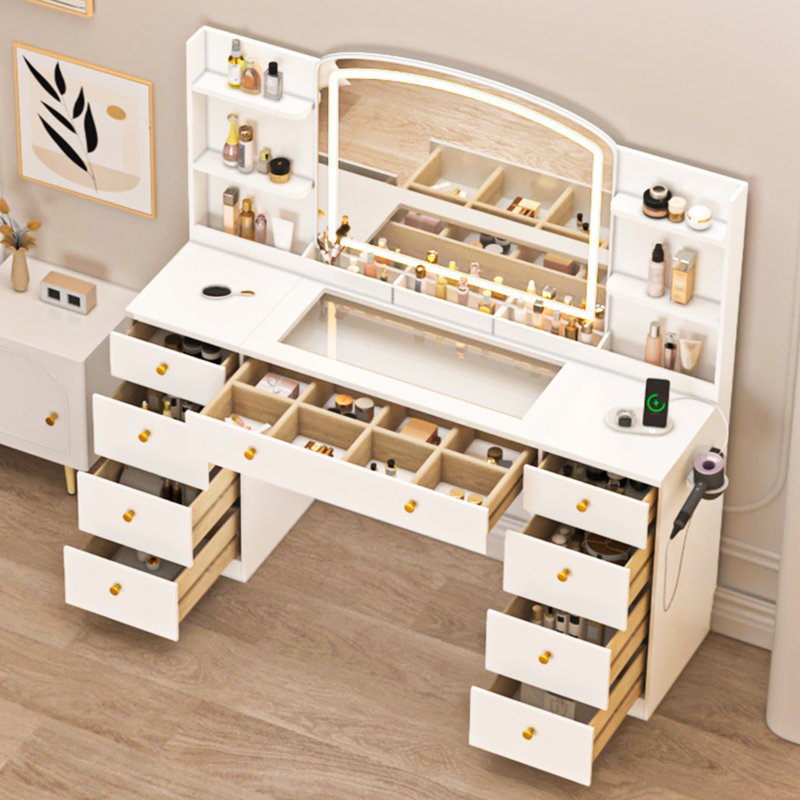 Coiffeuse 55 po avec miroir à DEL et tiroirs, Blanc