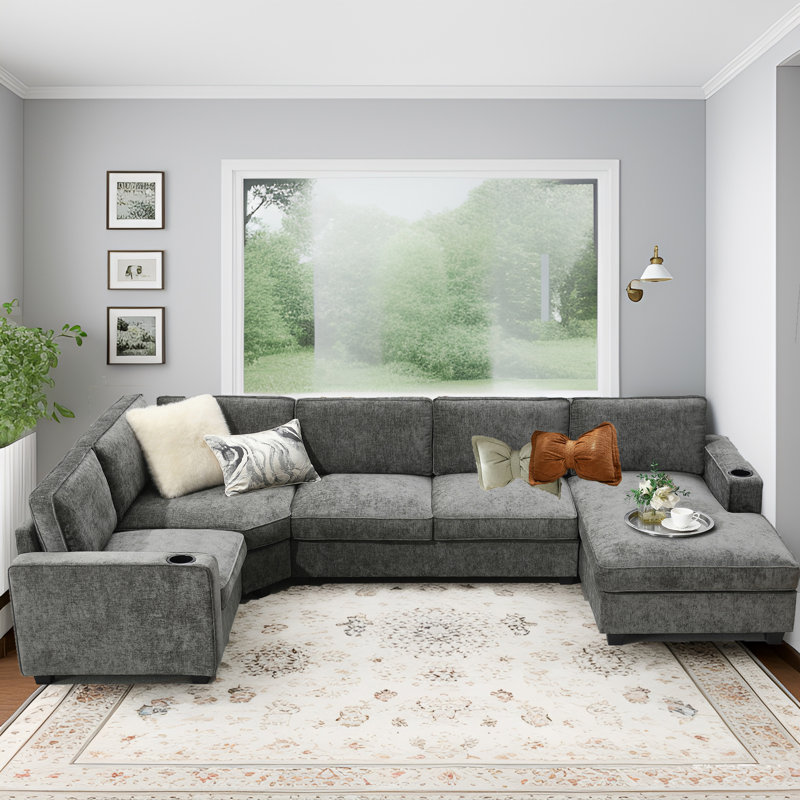 119*67" U Shaped Sectional Sofa,6 Seat Chenille Corner Couch Set with Oversized Chaise Lounge,Irregular Corner,Deep and Wide Seat Comfy Sofa with Cup Holders for Living Room,Apartment,2 Colors 