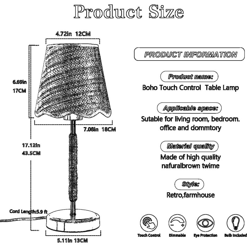 Boho Table Lamp With Touch Control, Handcrafted Rattan Shade And Brass Base, Compact Nightstand Lamp For Bedroom, Living Room, Or Office Desk