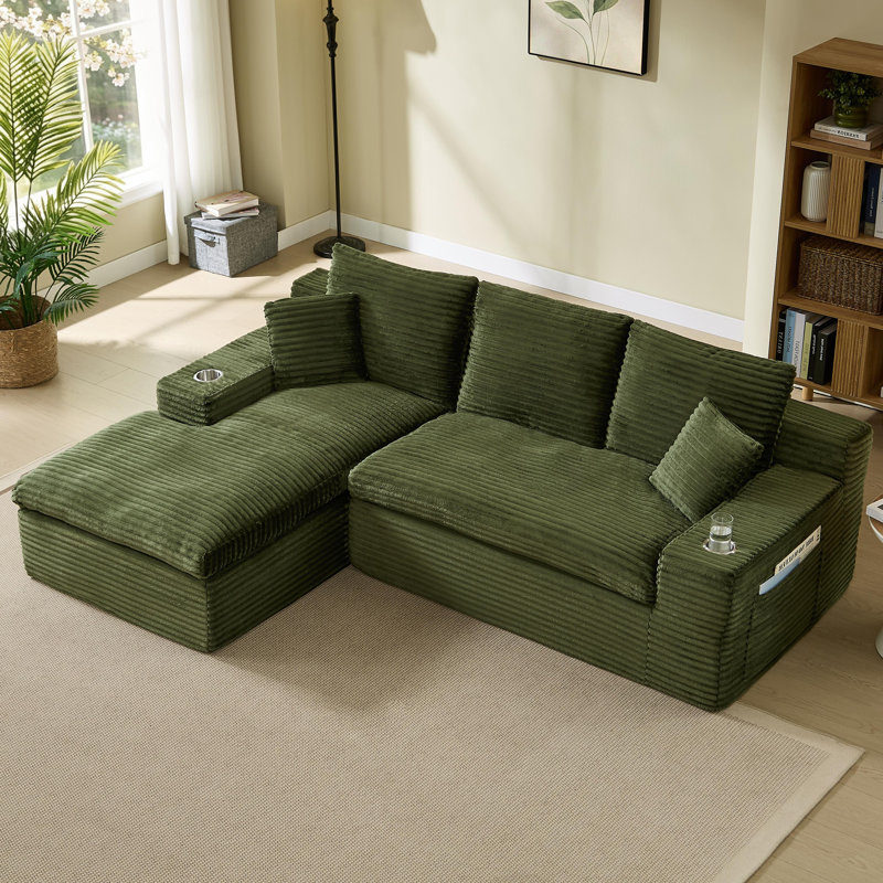 94.5" Corduroy Upholstered Modular Sofa, Compression Foam Bonless Sofa & Chaise with Cupholder and Side Pocket, Green