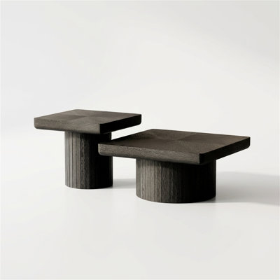2-piece Wooden Nesting Coffee Table Set With Cylindrical And Grooved Bases, For The Living Room