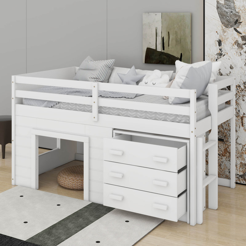 Lit mezzanine simple avec armoire et tablette, Blanc