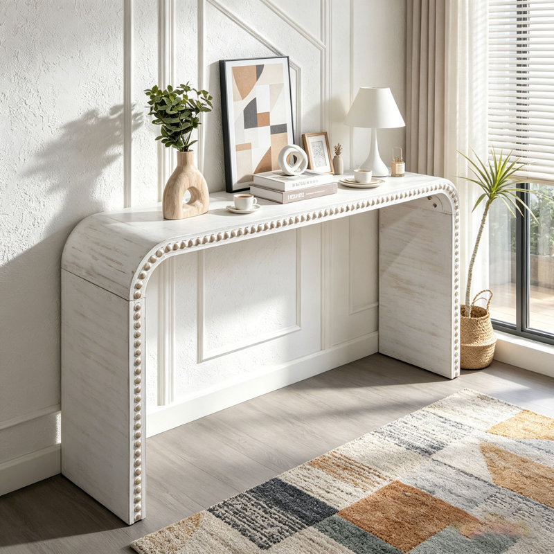 Console Table, 59in Entryway Table, Curved Waterfall-style Table, Antique grey white