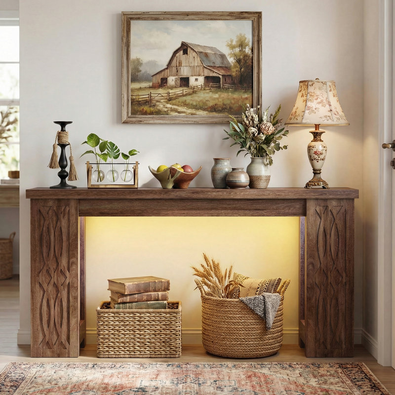 63" Farmhouse Console Table With Charging Station And LED Lights, 33.5" H x 63" W x 13.8" D, Rustic Oak