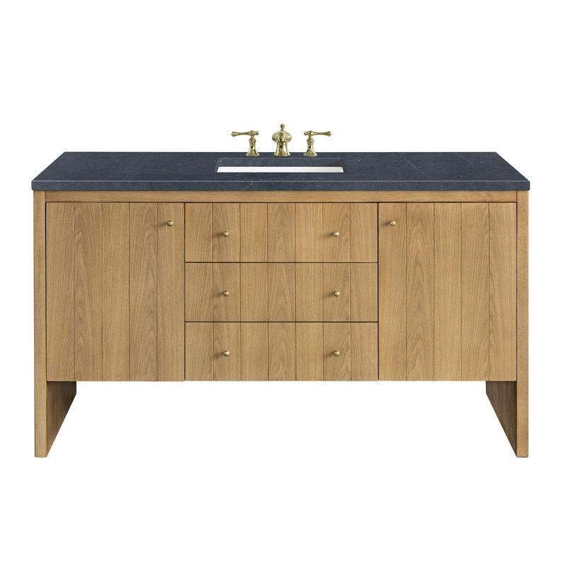 Hudson 60'' W Single Vanity, Charcoal Soapstone, 8" Widespread, Light Natural Oak