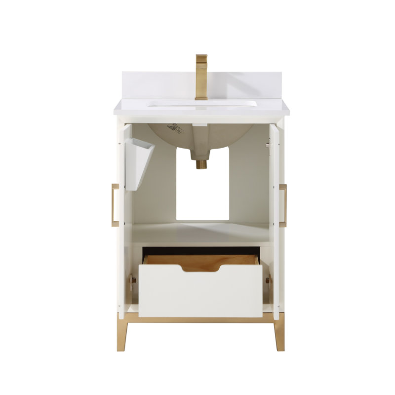 Gracie 24'' Single Bathroom Vanity with Top, White Quartz/Single Faucet Mount, Satin White (Cream White)
