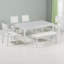 Ensemble de salle à manger extensible 59 à 72 po - 4 chaises en lin + banc, plateau en bois massif vieilli à la main et pieds sculptés. Rustic Farmhouse déclaration pour 6-503912246