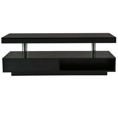 LED Coffee Table With Storage, Modern Center Table With 2 Drawers And Display Shelves, Accent Furniture With LED Lights For Living Room,Black