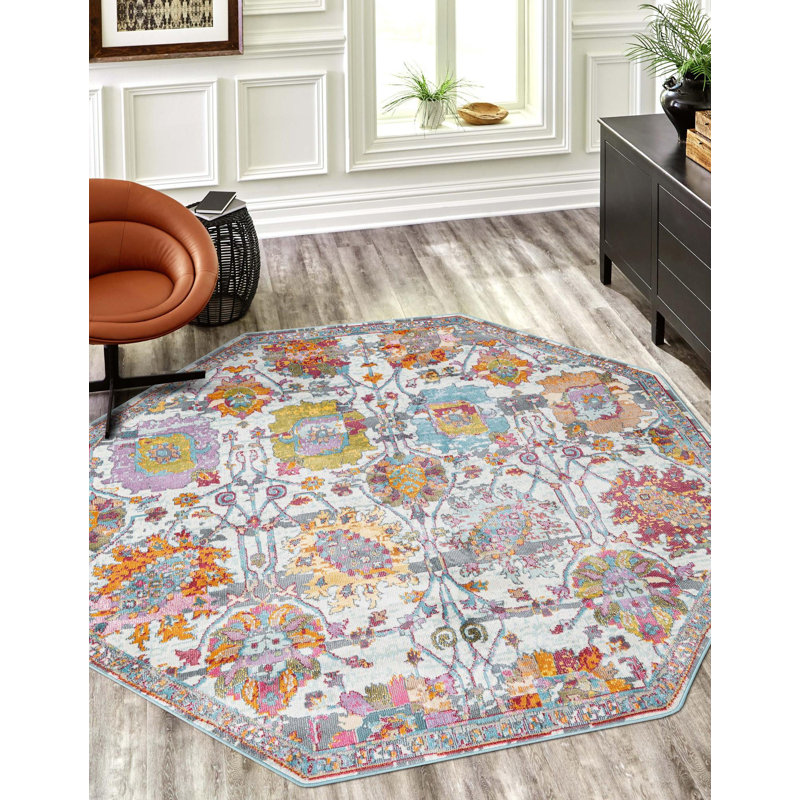 Tapis orange / gris / bleu Haefner, Octogone 8 pi 2 po x 8 pi 2 po