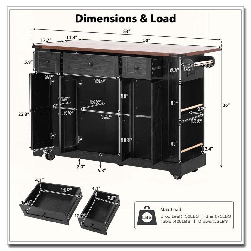 53" Farmhouse Kitchen Island with Tempered Glass Doors and Power Outlet, Black