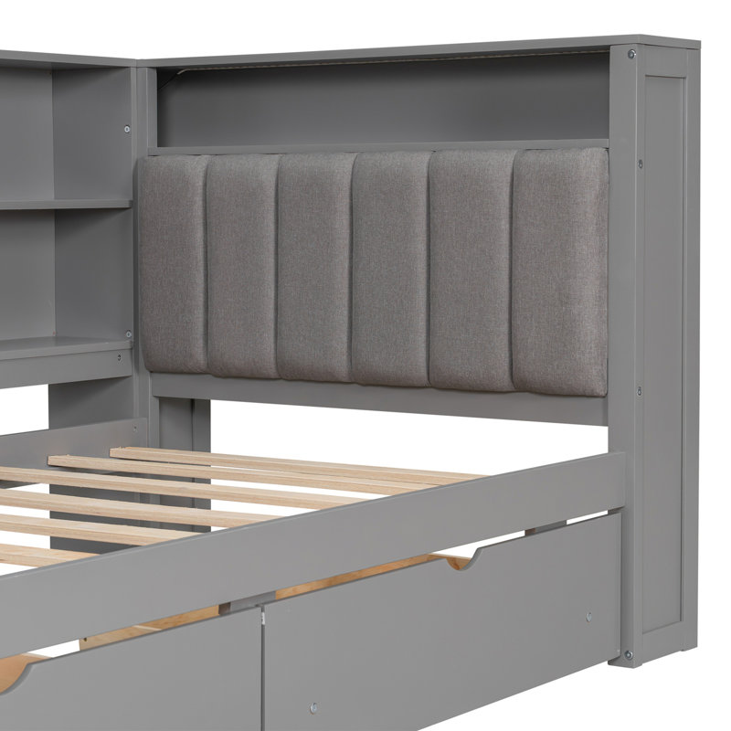 Lit plateforme en bois avec tablettes de rangement, tiroirs, station de charge, DEL, bureau et tête de lit tapissier, gris