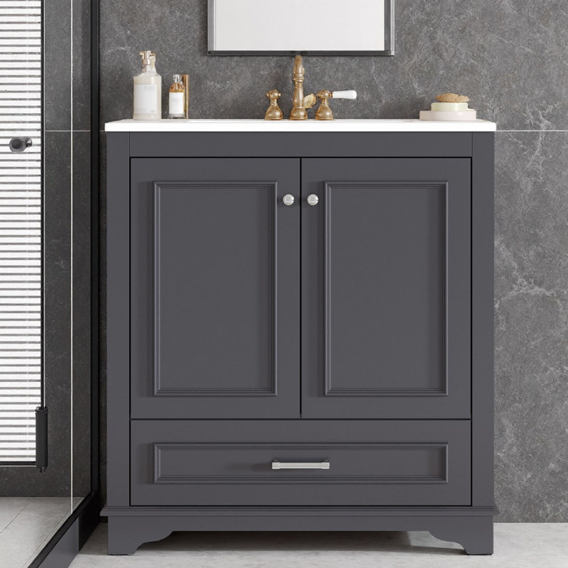30" French-Inspired Bathroom Vanity with Ceramic Sink | Solid Wood Frame, 2 Soft-Close Doors with Adjustable Shelf & Drawer, Stripe Carved Details for Vintage Charm