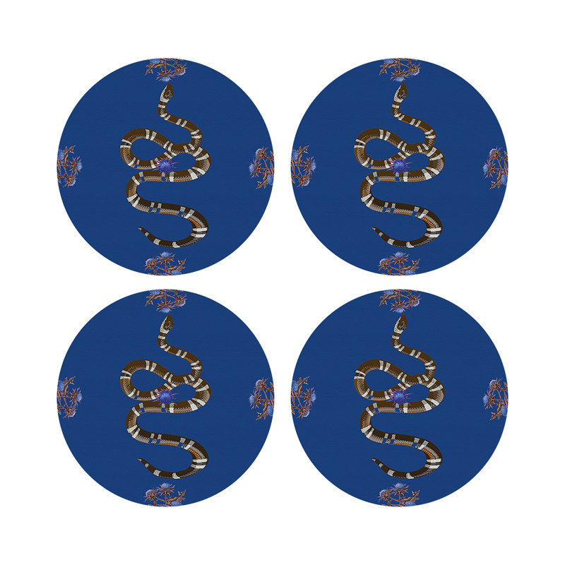 Thistle And Snake Vegan Leather Round Coasters, Blue