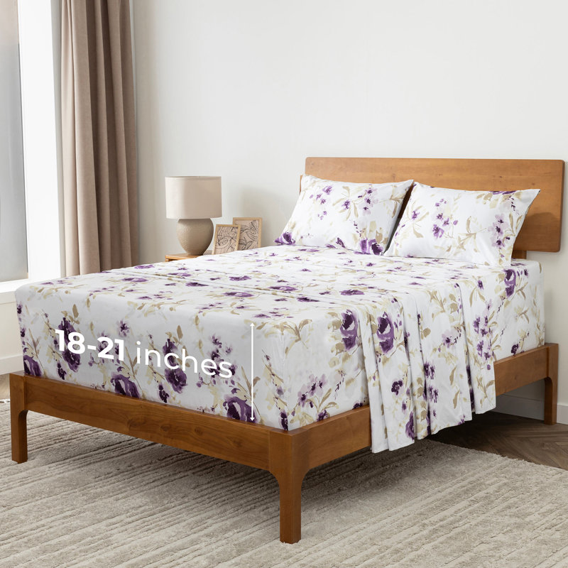 Ensemble de draps Mellanni 1800, Ensemble de draps pour grand lit avec 2 taies d'or, Floral mauve Madison