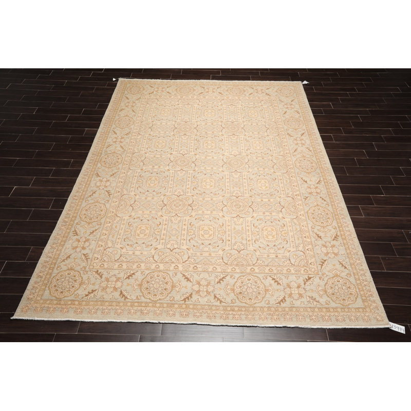 Tapis beige en laine noué à la main de conception unique 9 pi x 12 pi Gaila