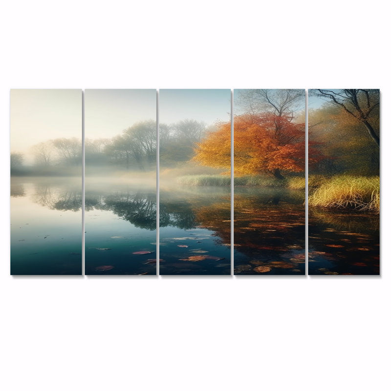 «Morning Mist Over Early Autumn Forest Lake - Lake», art mural pour le salon, 5 pièces, H 32 po x l 80 po