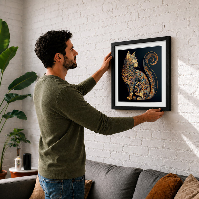 Cat Paisley Art - Framed Print, Black