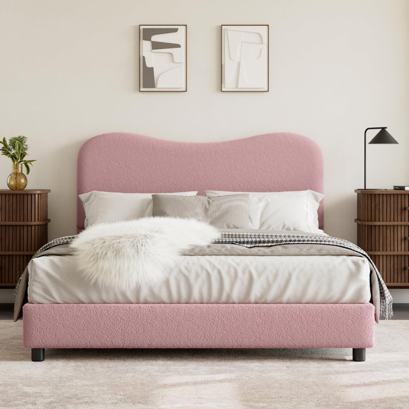 Cadre de lit pour enfants avec tête de lit tapissier en velours, lit plateforme mignon, Double, Rose