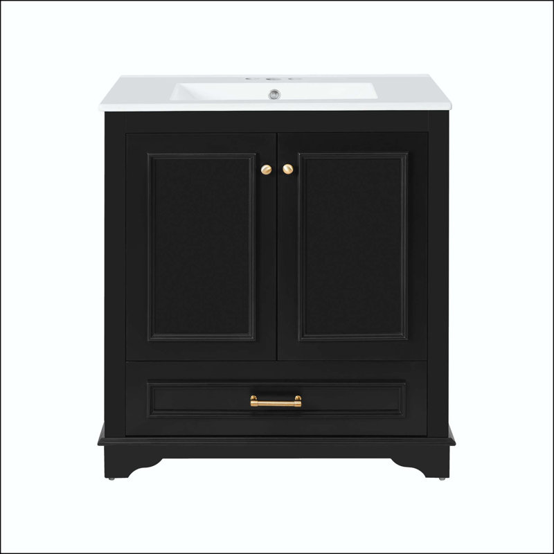 Meuble-lavabo 30 po avec détails sculptés et tiroir français, Black/Gold