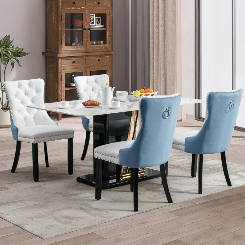 Chaises de salle à manger, chaise de salle à manger rembourrée haut de gamme avec anneau clouté, 4, Blanc / velours bleu