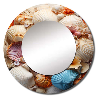 Beach Photo Seashell Collage I - Coastal Decorative Mirror, Beige Large Round Wall Mirror, Printed Metal Art