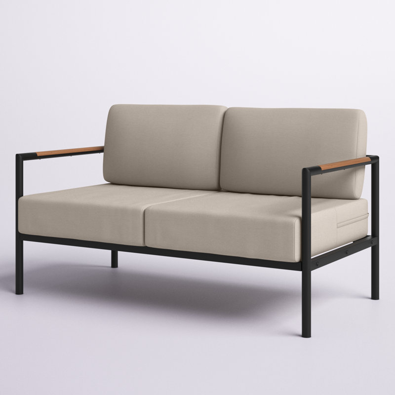 Annegriet Aluminum Frame Loveseat with Teak Arm Accents and Plush Cushions, Beige