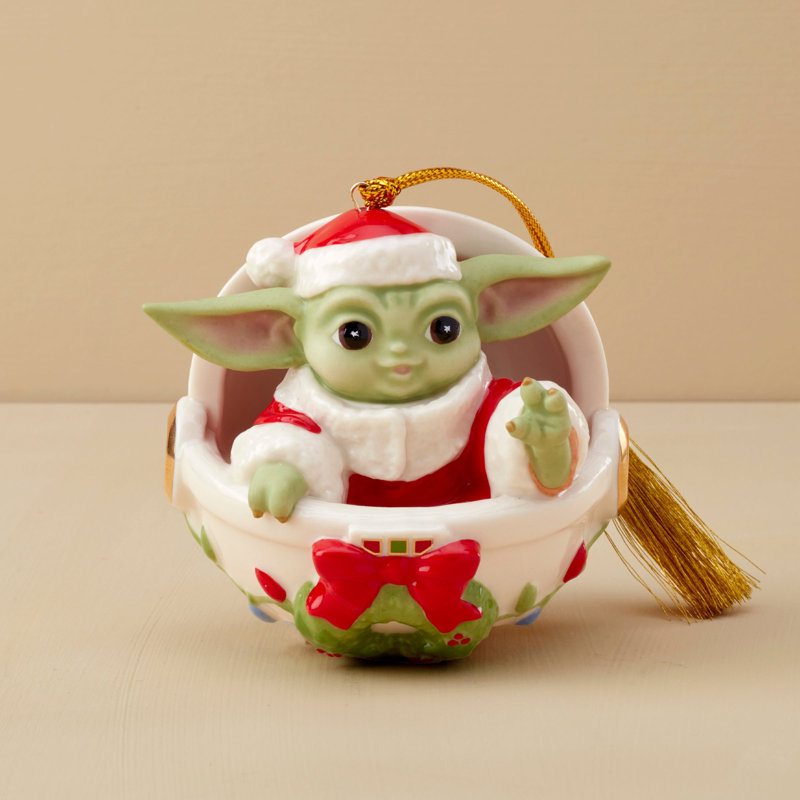 Lenox Grogu's Holiday Hover Pram Christmas Ornament, Gold Accents Hanging, Green