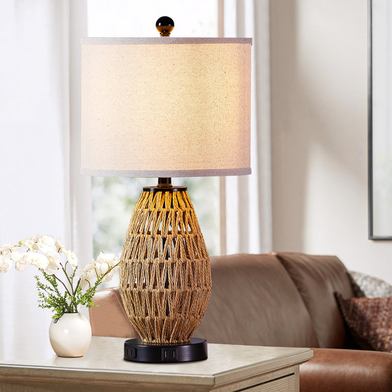Adone 22.5" Natural Rattan Bedside Table Lamp with Dual USB Ports and Touch Control