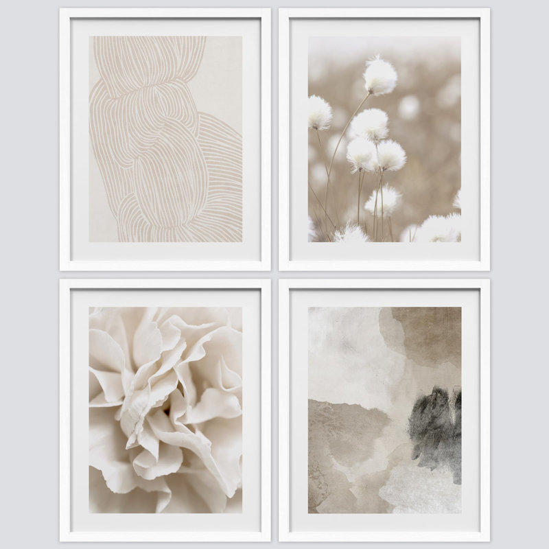" Abstract Botanical Pictures Beige " 4 - Pieces, White, 14" H x 11" W