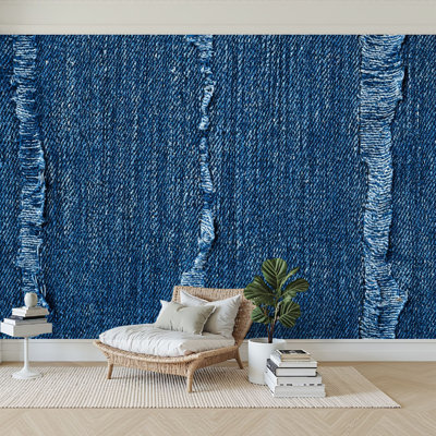 Peel and Stick Wallpaper 96" W x 69" H Modern Self Adhesive Wall Mural for Bedroom Detail Blue Jeans denim texture
