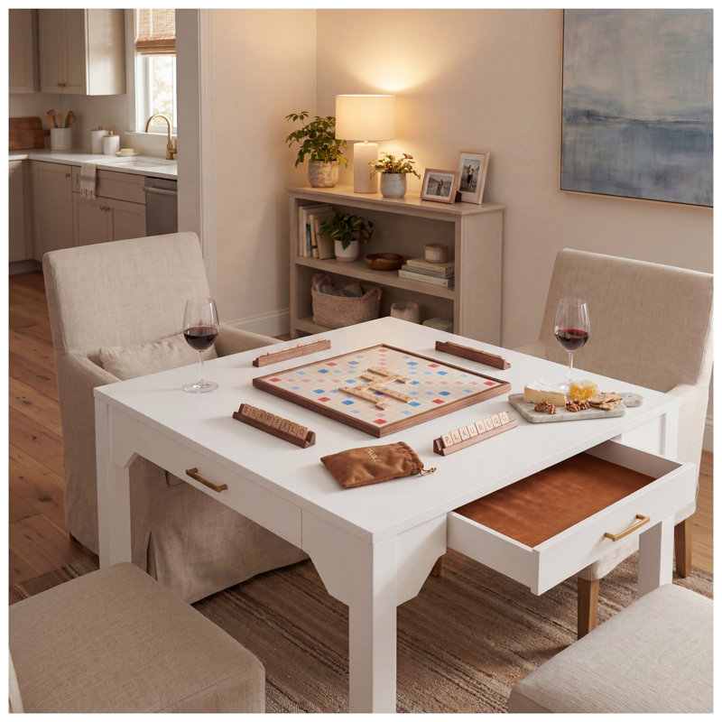 Table de salle à manger carrée blanche Alleyville avec tiroir de rangement et plateau de jeu de mah-jong