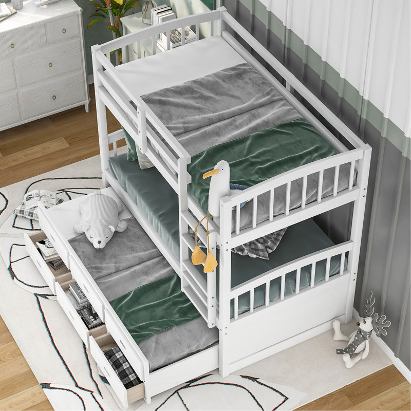 Lit superposé simple en bois avec lit gigogne et tiroirs, Blanc