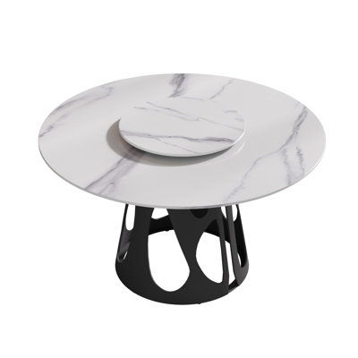 23.62" Turntable 53" Round Sintered Stone Dining Table For 6, Strong Black Iron Metal Base 6 Table, Base, White Rotating Disk, Scratch- Top