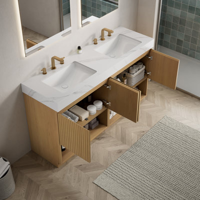 Meuble-lavabo FINO 60, sur pied, comptoir en pierre frittée blanche de Carrare et lavabo en céramique avec 3 trous pré-percés pour robinetterie, démonté, robinetterie et bonde non inclus, de couleur chêne Corolla.