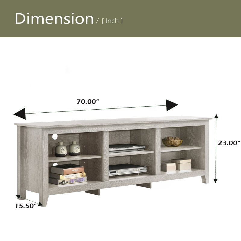 Meuble télé 70 po avec tablettes ouvertes et gestion des câbles, Gris clair