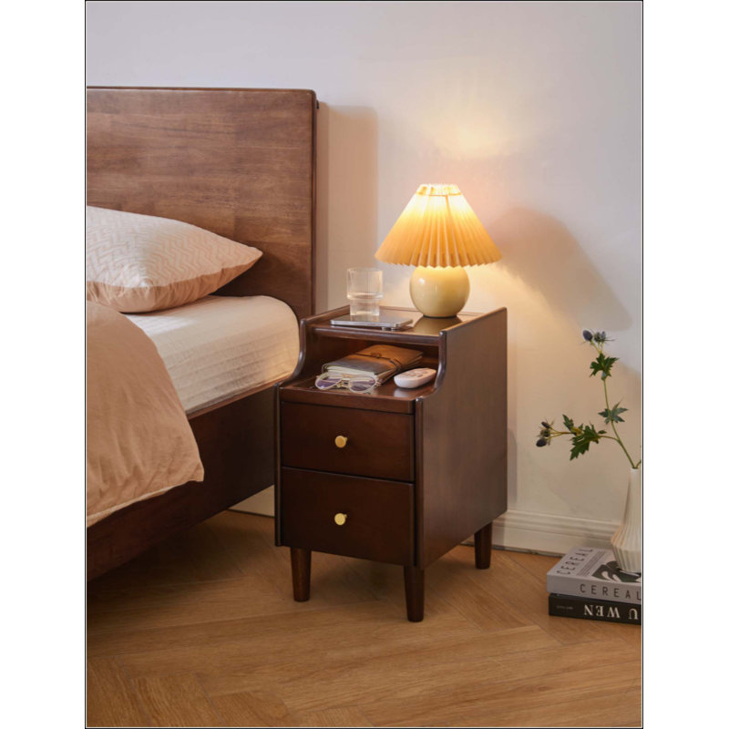 Solid Wood Nightstand with Two Drawers and Pull-out Panel Storage Bedside Table and Sofa Side Table