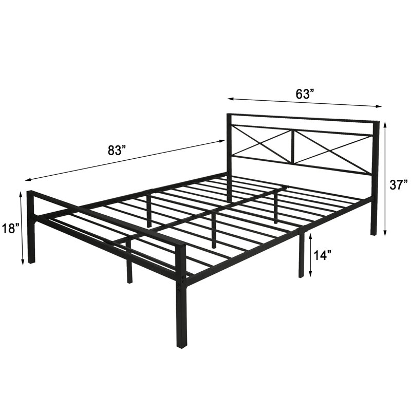Queen Black Metal Frame Bed with Upholstered Headboard
